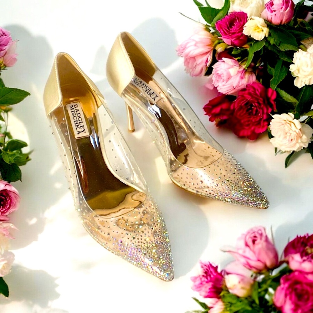 Badgley Mischka Gisela Rhinestone Clear PVC & Satin Stiletto Heels, size 9.5 - Picture 12 of 12